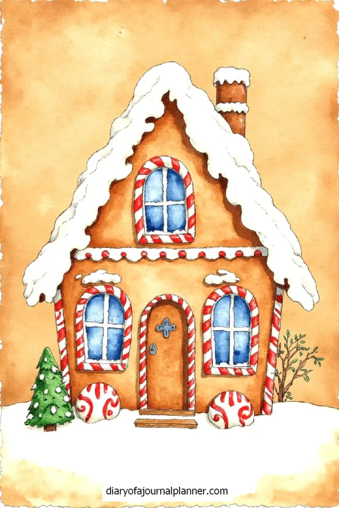 Whimsical gingerbread house with candy accents, snow-covered roof, and festive holiday decor.