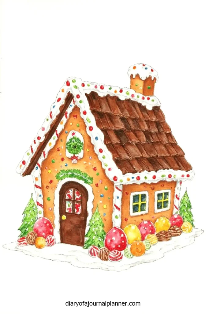 Colorful gingerbread house with candy decorations and snow, perfect for holiday cheer and festive baking inspiration.