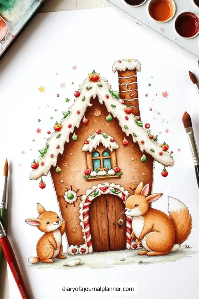 Cute gingerbread house with snow, festive decorations, and foxes. Art supplies nearby. Eco-friendly illustration.