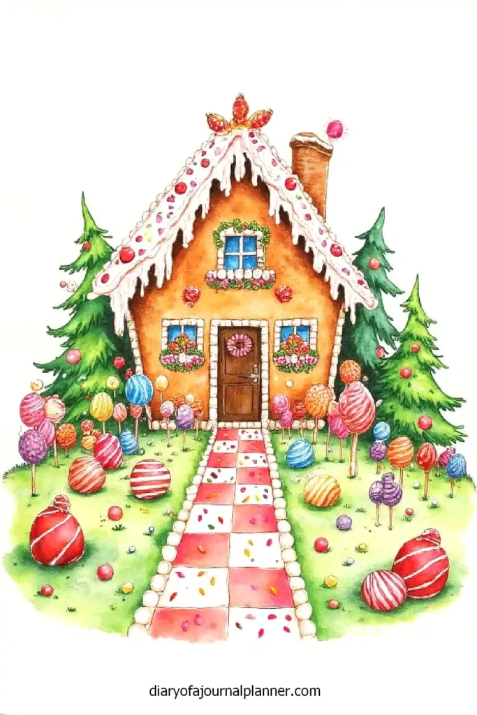 Whimsical gingerbread house with candy decorations, lollipop garden, and frosted roof in a fairytale setting.