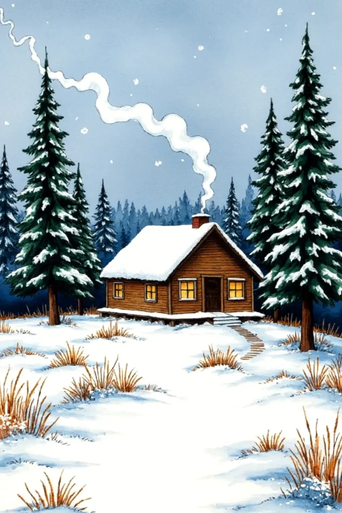 Snowy cabin in a tranquil forest with smoke from the chimney under a starry winter sky.