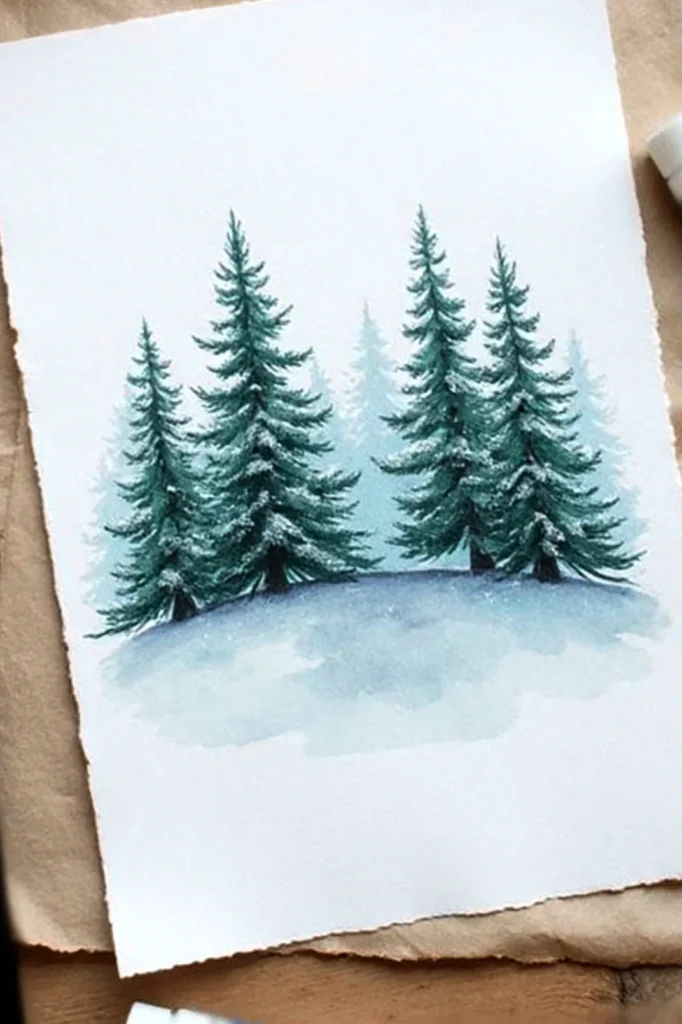 Watercolor painting of snowy evergreen trees on a winter landscape, displayed on a brown paper background.