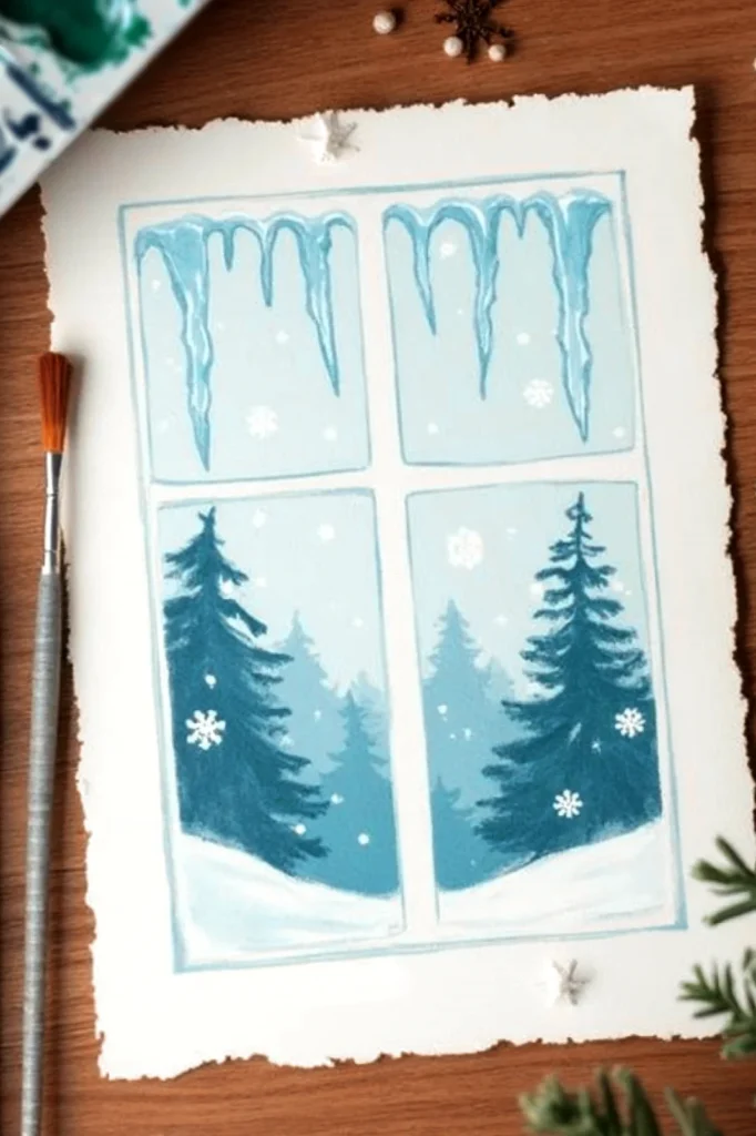Illustration of a snowy winter scene with trees outside a frosty window, surrounded by art supplies on a wooden table.