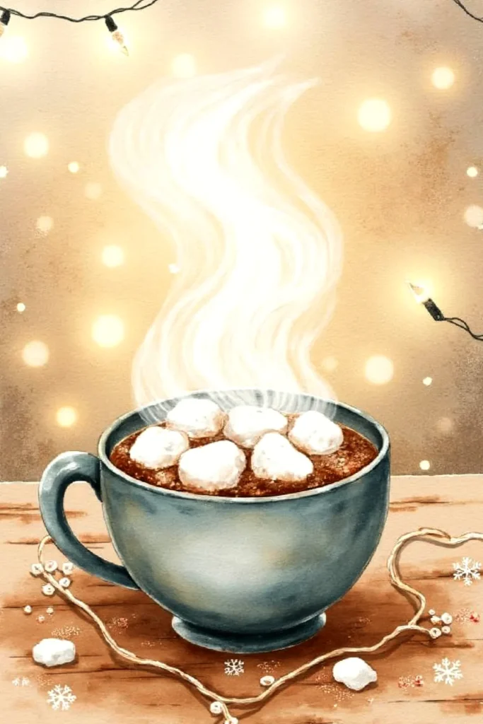 Steaming mug of hot chocolate with marshmallows, surrounded by festive lights, creating a cozy winter ambiance.