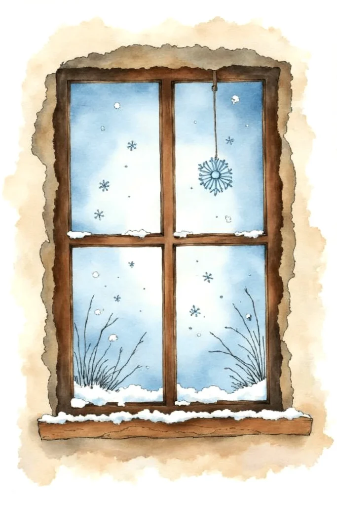 Snowy scene viewed through a window, with snowflakes and frosty branches visible outside. Cozy winter atmosphere.