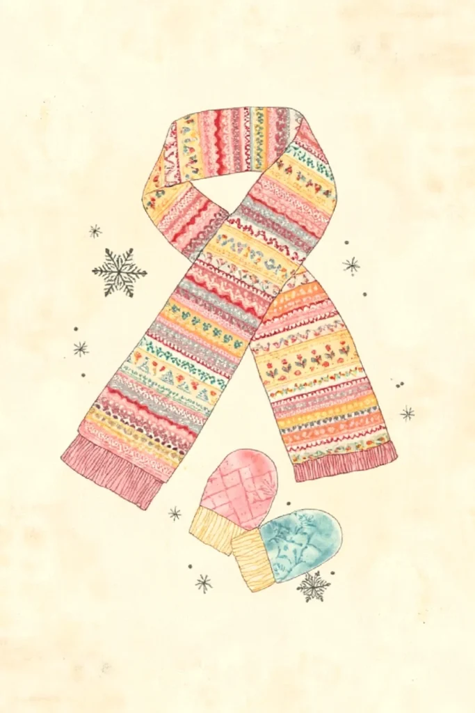 Colorful knitted scarf and mittens illustration with snowflakes, perfect for winter fashion and cozy designs.