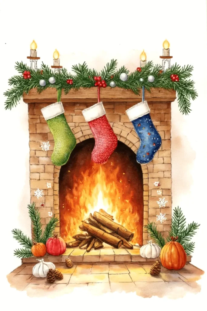 Festive fireplace with Christmas stockings, garland, candles, and a warm fire, creating a cozy holiday atmosphere.