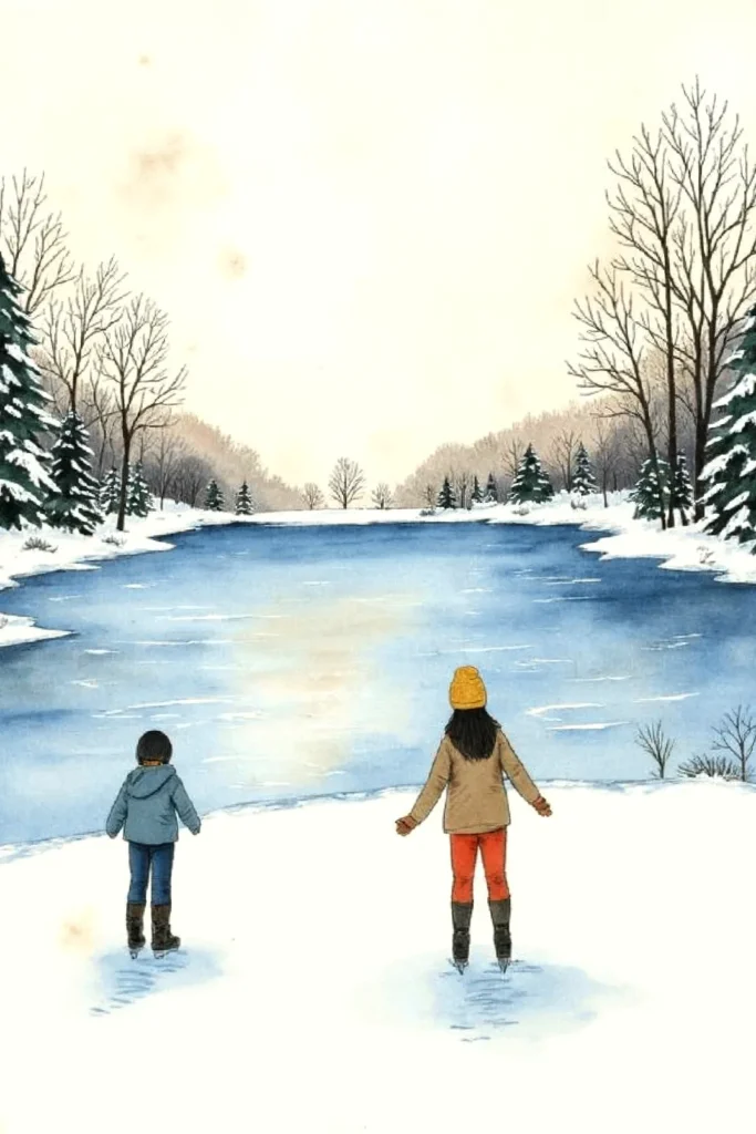 Children enjoying a snowy winter day by a frozen lake, surrounded by snow-covered trees.