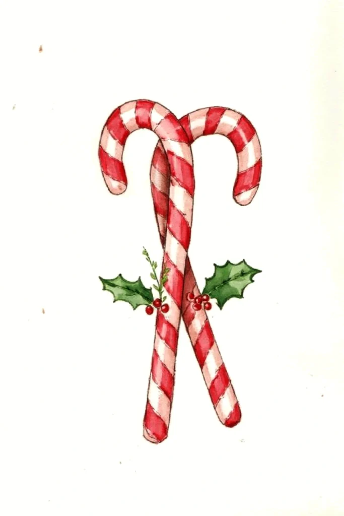 Illustration of crossed candy canes with holly leaves and berries, symbolizing Christmas cheer.
