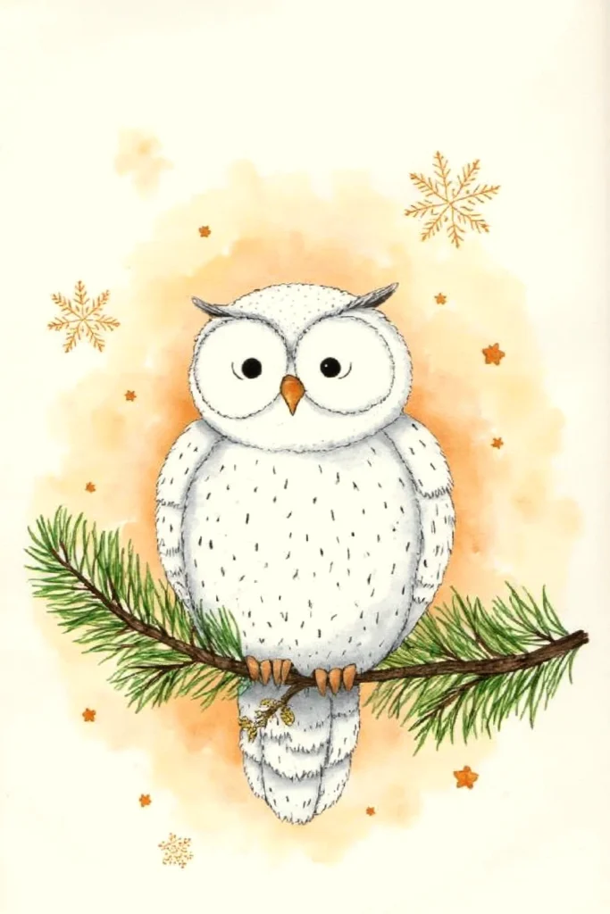 Illustrated white owl on pine branch with snowflakes, watercolor style. Cozy winter scene, perfect for seasonal greetings.