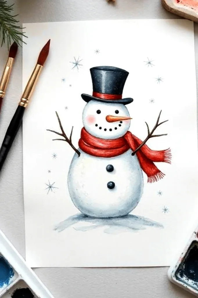Watercolor painting of a snowman with a red scarf and hat, surrounded by brushes and paints.