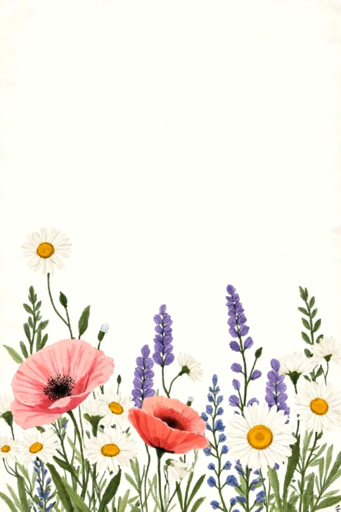 Illustration of wildflowers with pink poppies, purple lavender, and white daisies on a white background.