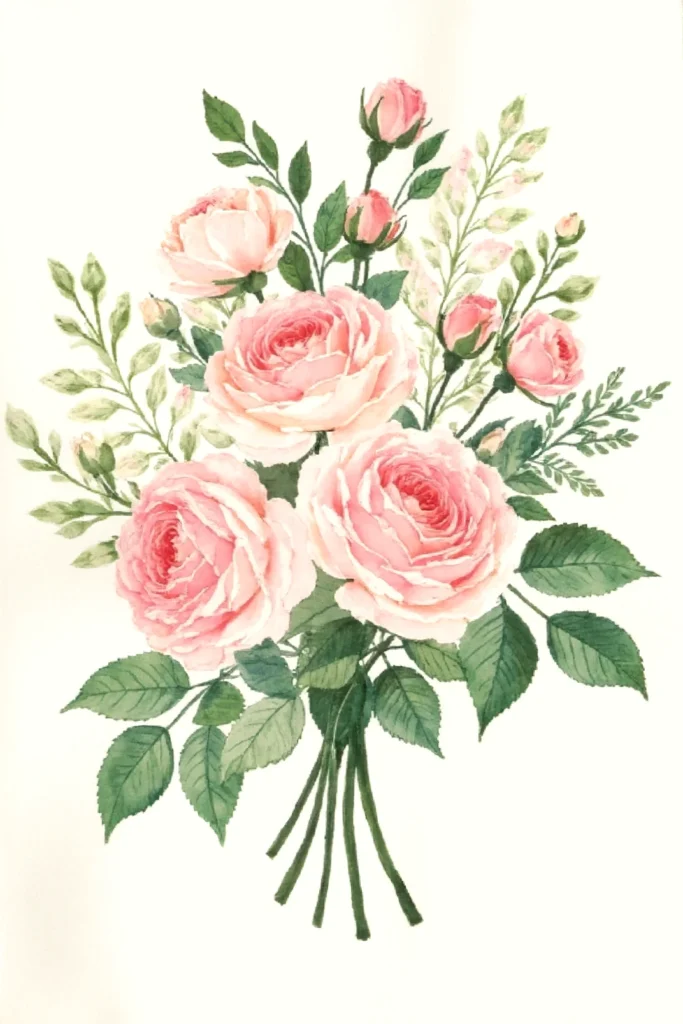 Watercolor painting of pink roses and green leaves in a floral bouquet on a white background.