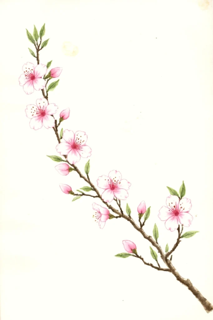 Illustrated cherry blossom branch with pink flowers and green leaves on a white background.