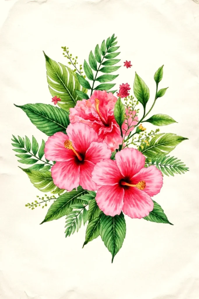 Watercolor illustration of pink hibiscus flowers with lush green leaves on a light background.