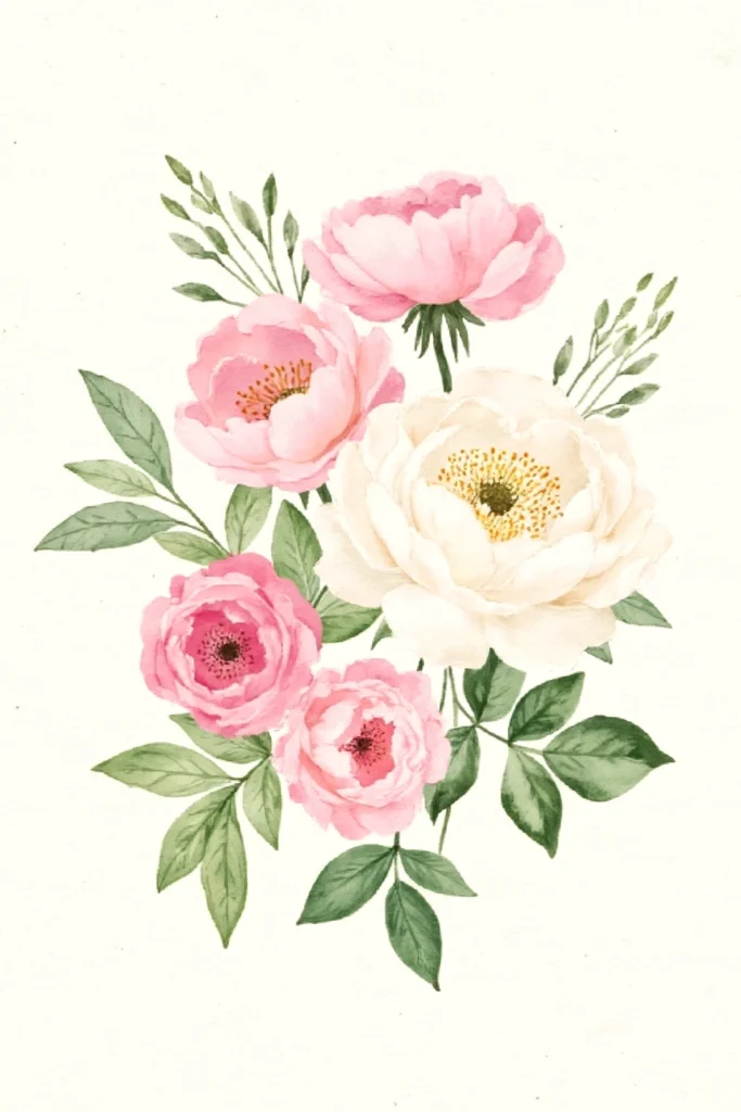 Watercolor illustration of pink and white peonies with lush green leaves, capturing a delicate floral arrangement.