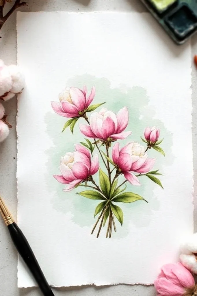 Watercolor painting of pink flowers on paper, surrounded by a brush and petals, showcasing artistic elegance.
