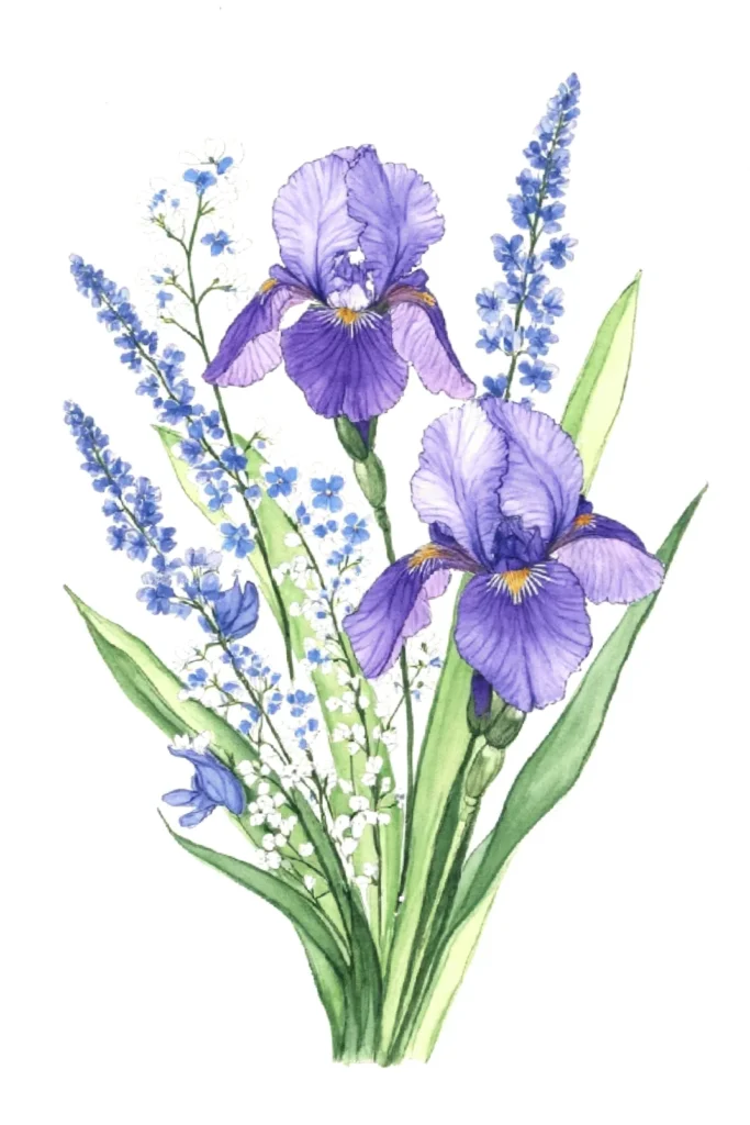 Watercolor illustration of purple irises and delicate blue flowers with green leaves on a white background.