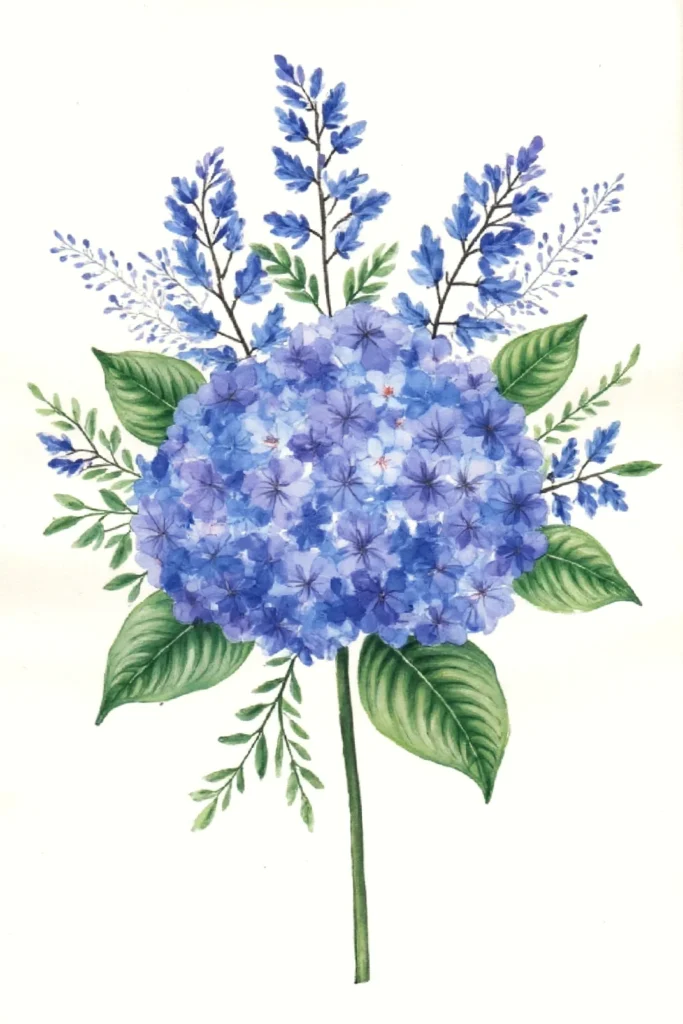 Watercolor illustration of vibrant blue hydrangea flowers with lush green leaves and delicate lavender sprigs.