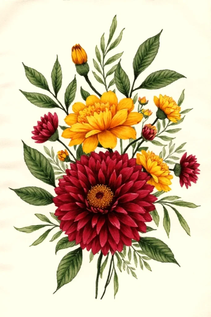 Colorful floral illustration with vibrant red and yellow flowers, surrounded by lush green leaves on a light background.