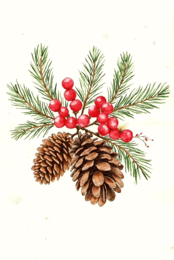 Festive illustration of pine cones and red berries with green foliage, perfect for holiday decoration themes.