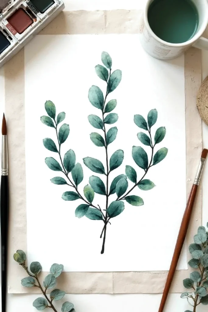 Watercolor painting of green foliage on white paper, with paintbrushes and a paint set nearby.
