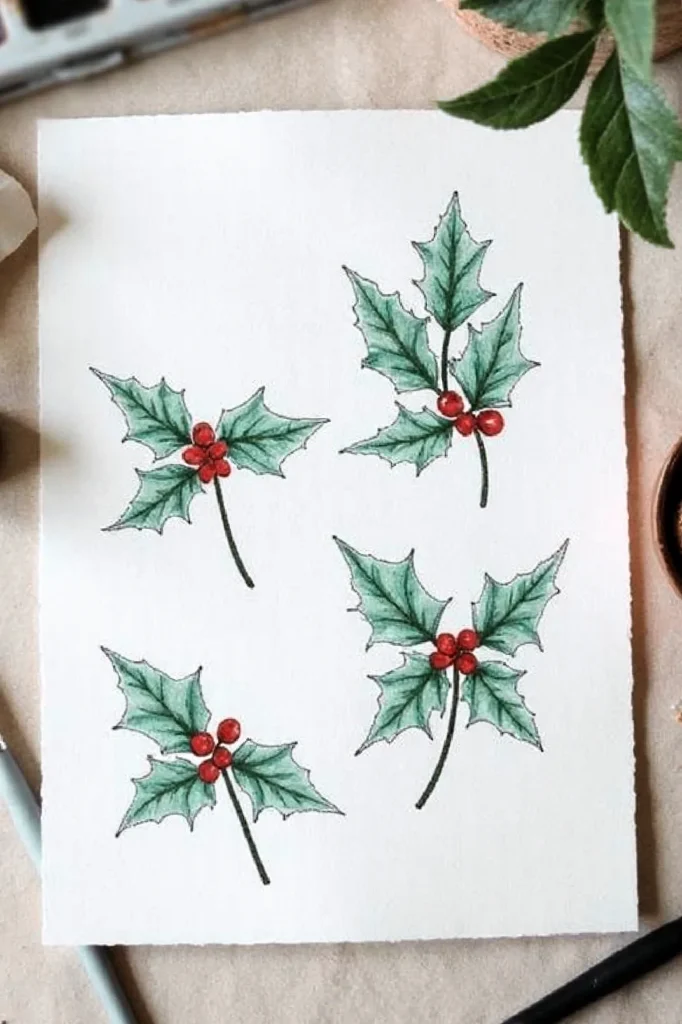 Watercolor holly leaves and berries on paper, surrounded by art supplies, festive and decorative design.