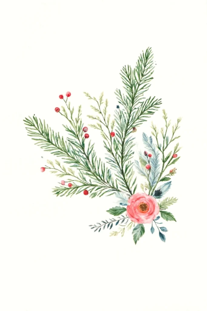 Watercolor illustration of pine branches and pink flower with red berries, conveying a festive, winter theme.
