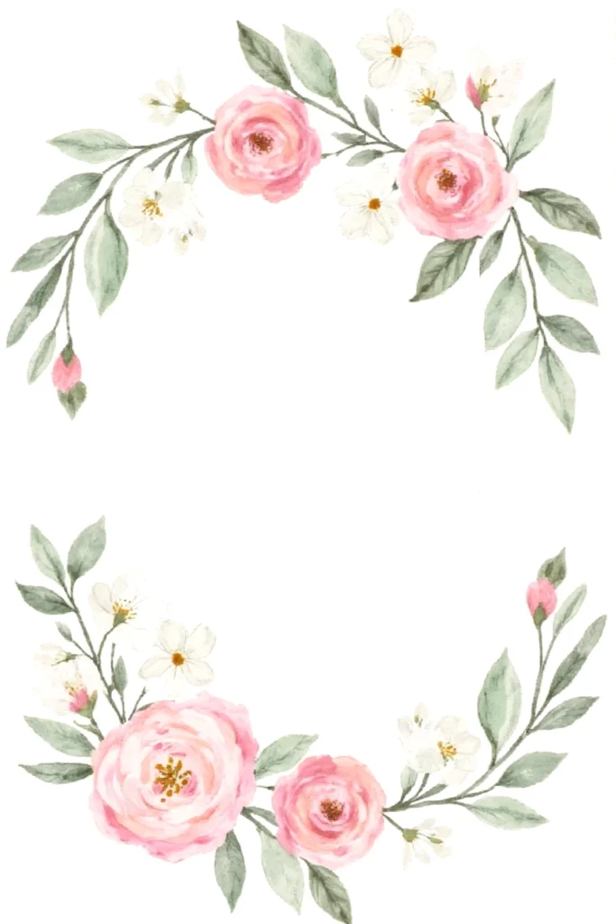 Watercolor floral frame with pink roses and green leaves, perfect for wedding invitations or romantic designs.