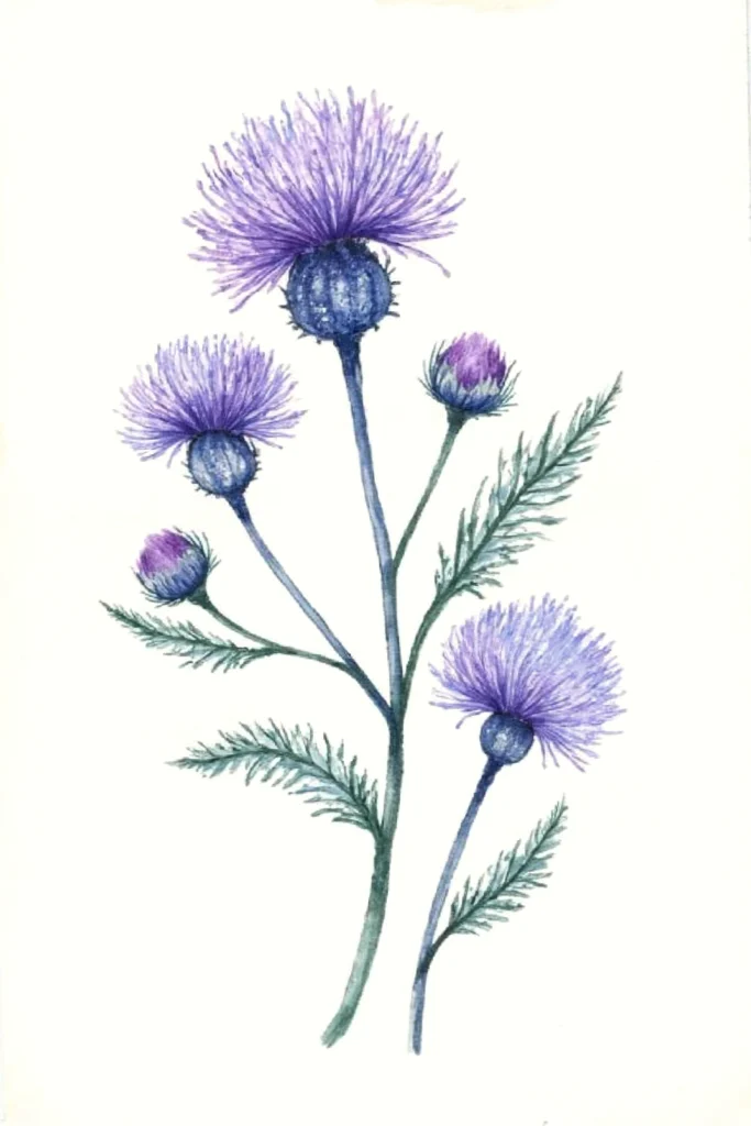 Illustration of purple blooming thistle flowers with green leaves on white background.