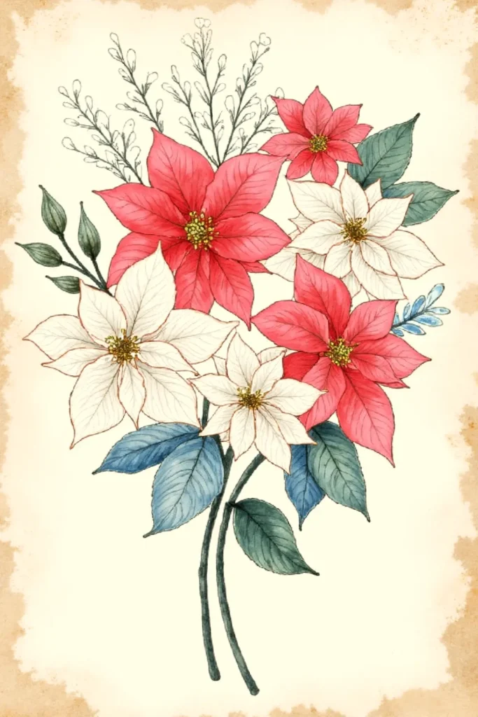 Watercolor illustration of red and white poinsettias with green leaves on a vintage paper background.