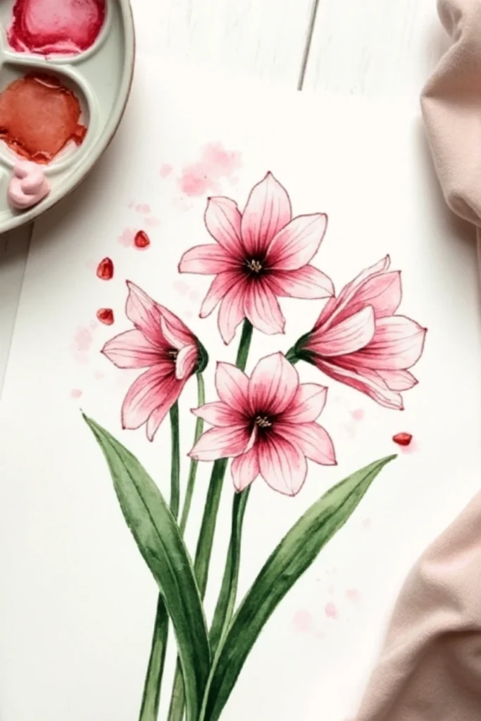 Watercolor painting of pink flowers with green leaves, accompanied by a palette with red paint.