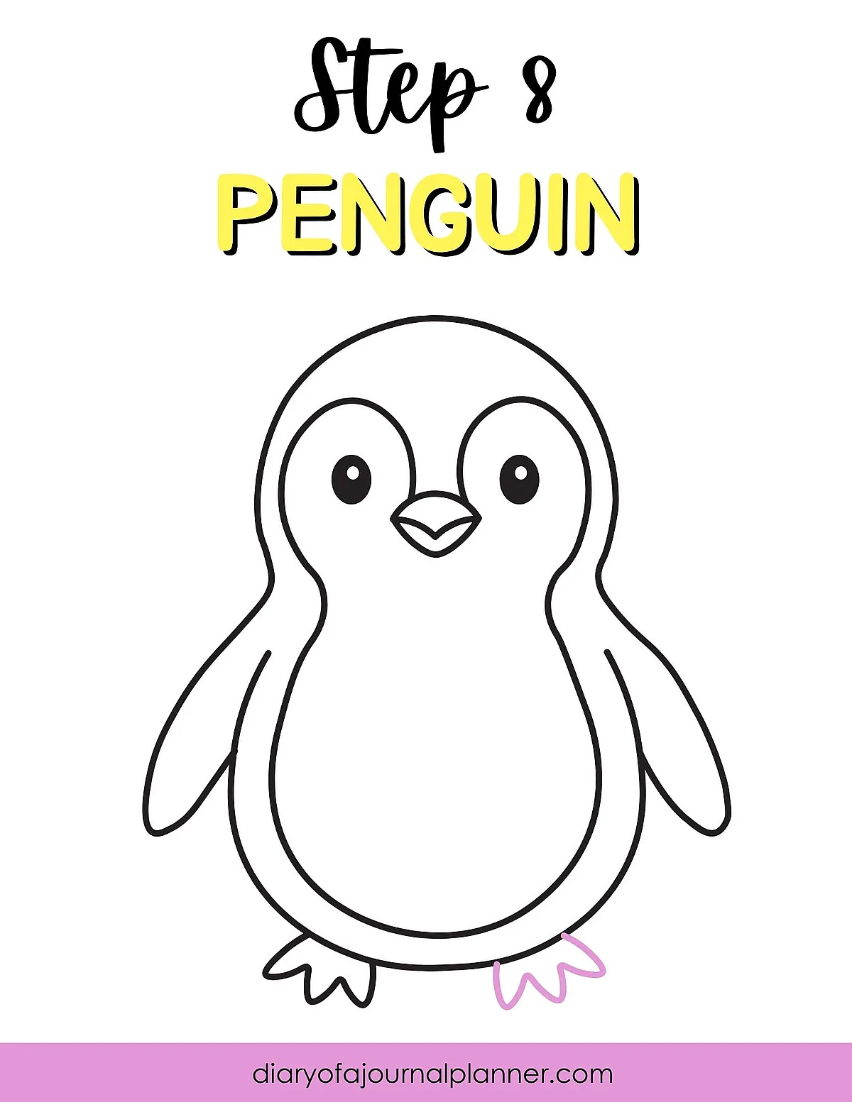 Step 8 drawing of a cartoon penguin outline for kids' art tutorial, labeled with 'penguin' text.