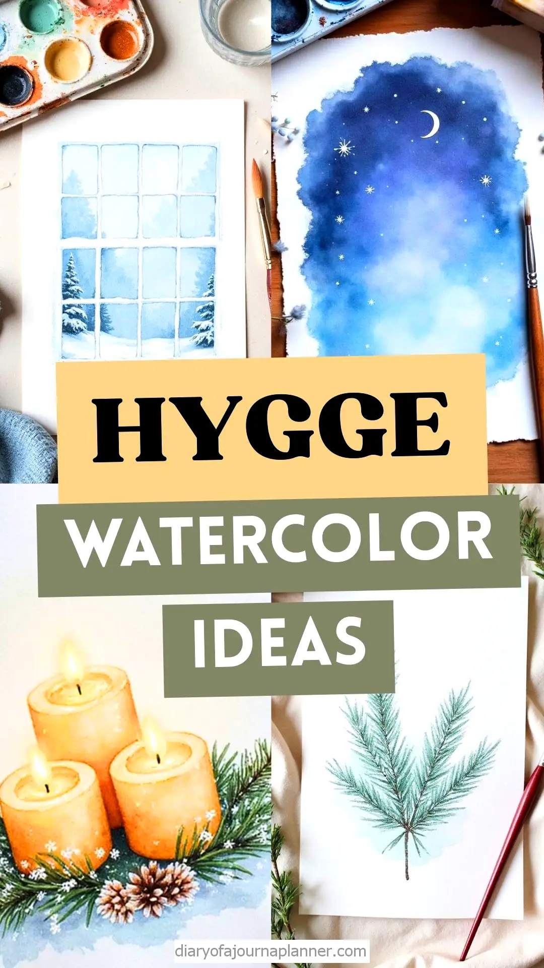Hygge watercolor ideas: Cozy winter scenes with candles, snow, and pine illustrations for creative inspiration.