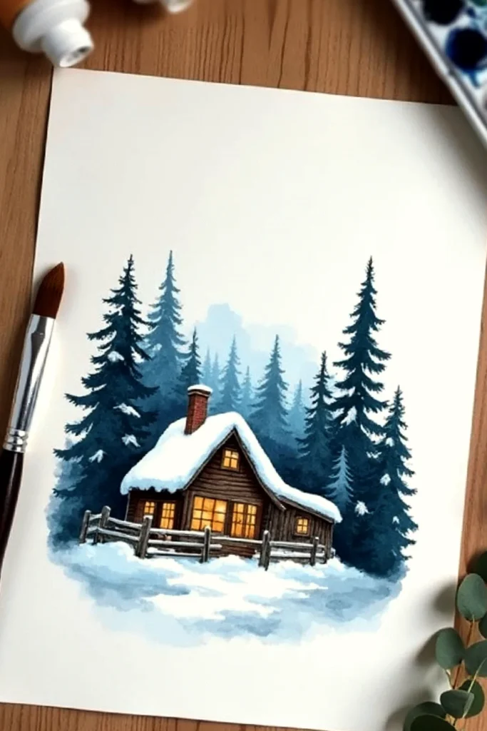 Snowy cabin illustration with pine trees; art supplies visible on wooden table. Cozy winter scene painting.