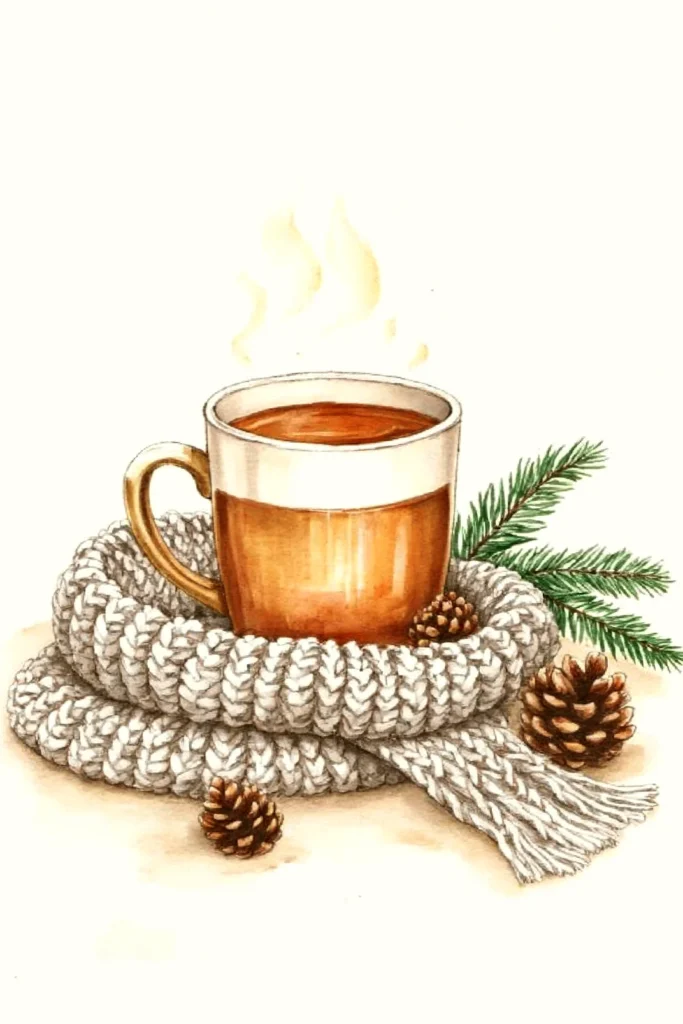 Cozy autumn scene: steaming coffee in a cup wrapped in a gray scarf with pinecones and fir branch.