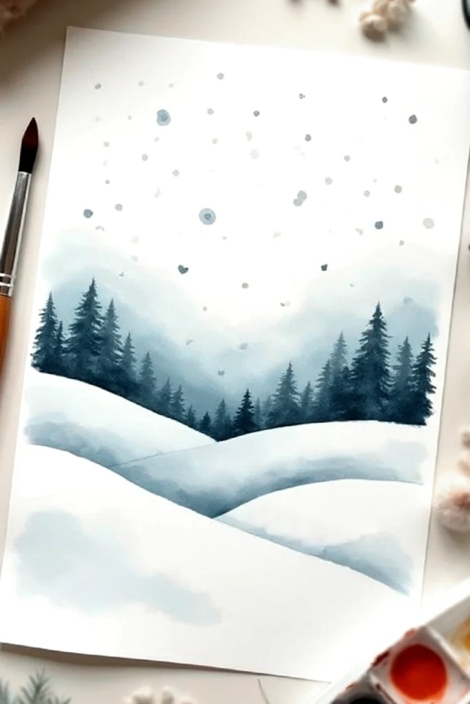 Watercolor painting of a snowy landscape with pine trees and gentle snowflakes falling.