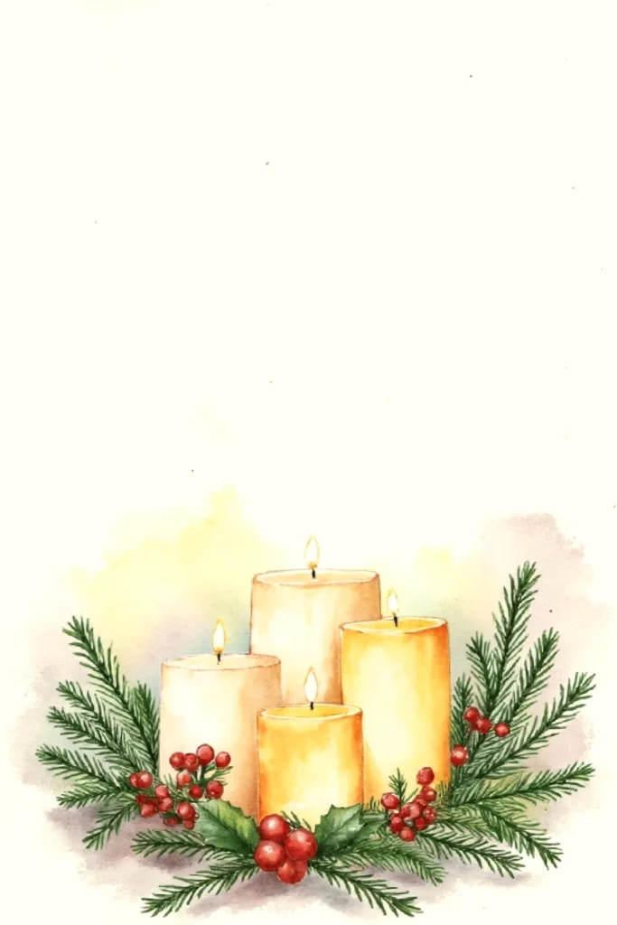 Four lit candles with festive greenery and red berries, perfect for a cozy, holiday-themed atmosphere.