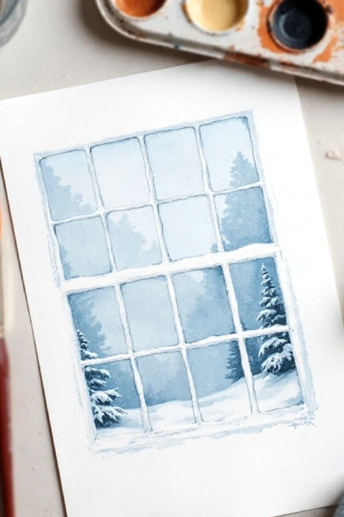 Watercolor painting of a snowy landscape viewed through a window, with trees and snow-covered ground.