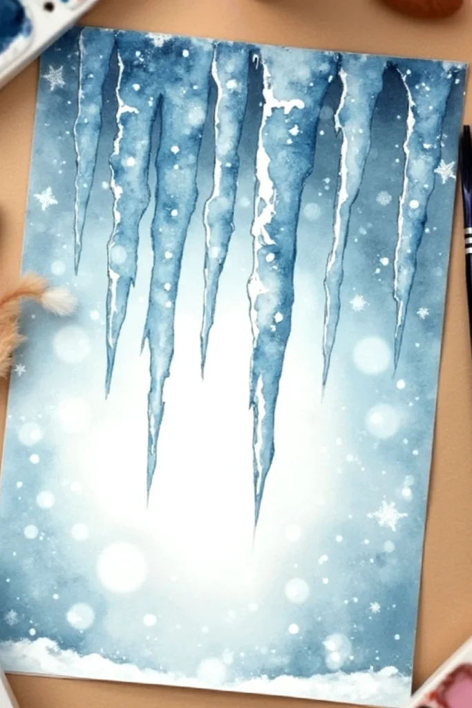 Watercolor painting of icy blue icicles with snowflakes on a brown surface, evoking a winter atmosphere.