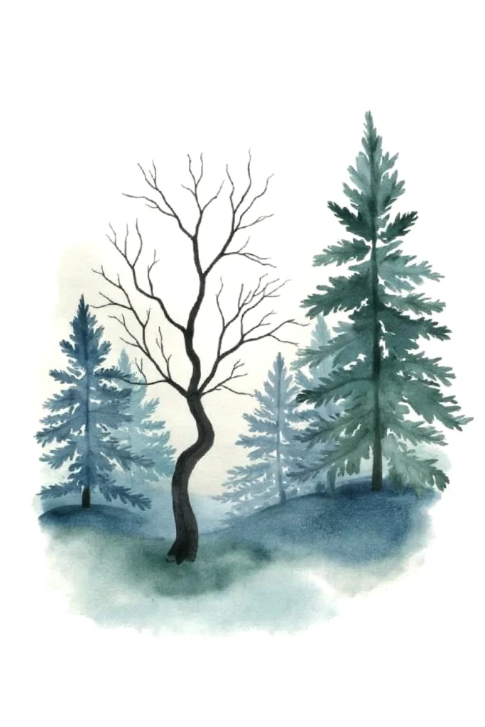 Watercolor painting of a serene forest with bare and evergreen trees on a hazy background.