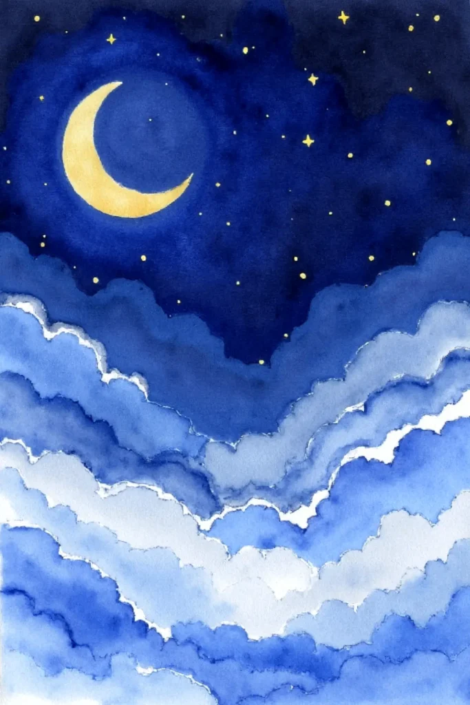 Watercolor night sky with crescent moon and stars above layered blue clouds.