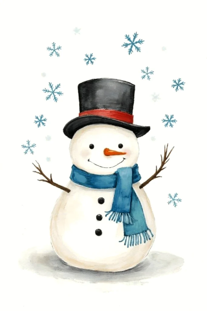 Smiling snowman with top hat and blue scarf surrounded by falling snowflakes. Winter holiday illustration.