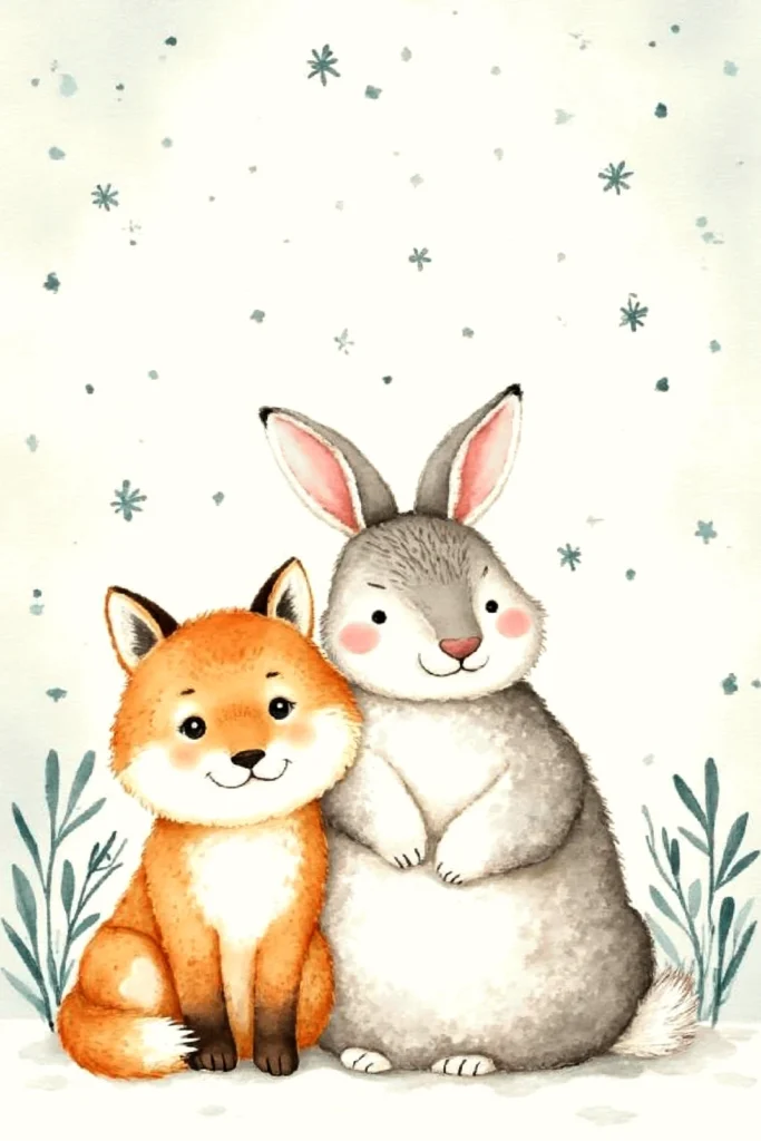 Cute watercolor illustration of a smiling fox and rabbit sitting together with decorative background elements.