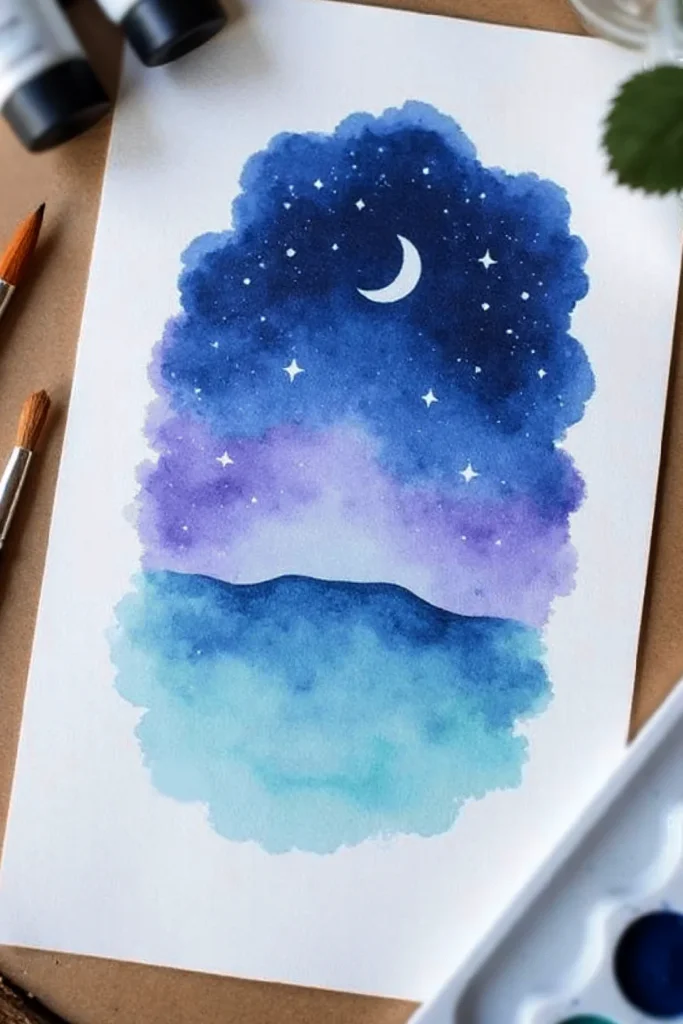 Watercolor painting of a starry night sky with a crescent moon, blending blue and purple hues.