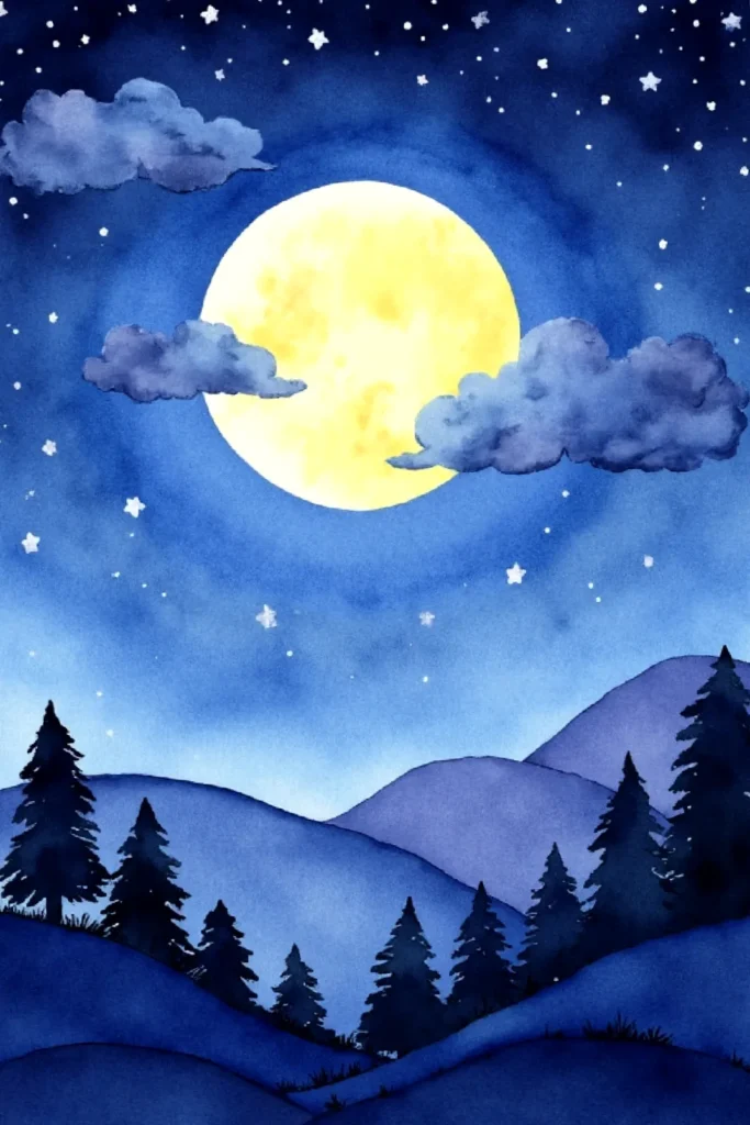 Watercolor night scene with a bright full moon, starry sky, clouds, and silhouetted pine trees over rolling hills.
