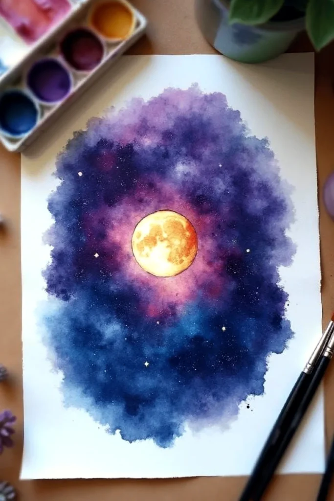 Vibrant watercolor galaxy art with a yellow moon, surrounded by stars, showcasing creativity and artistic skill.