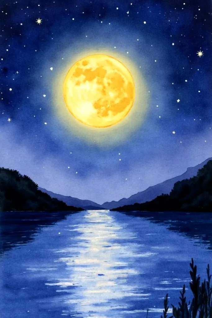 Full moon reflecting on a serene river under a starlit night sky, surrounded by silhouetted trees and mountains.