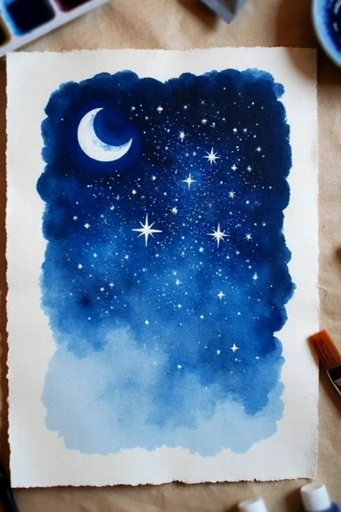Watercolor painting of a starry night sky with crescent moon and bright stars, on paper with art supplies nearby.