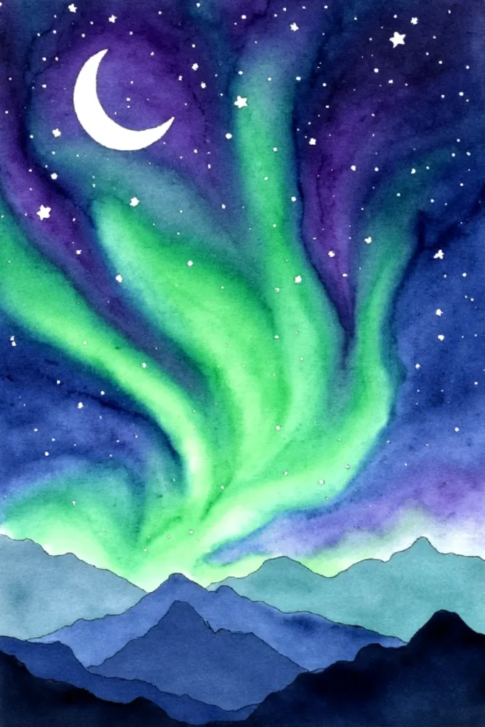 Watercolor illustration of northern lights over mountains with crescent moon and stars in a night sky.